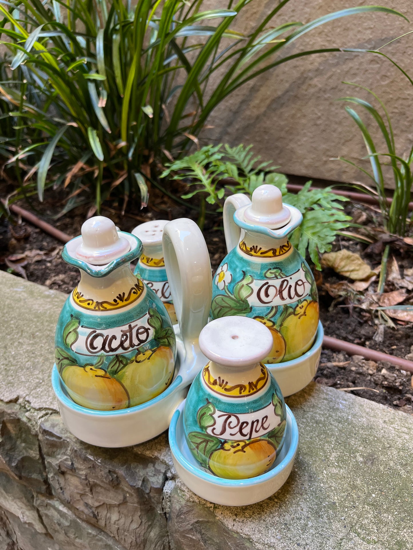Ceramic oil, vinegar, salt and pepper set