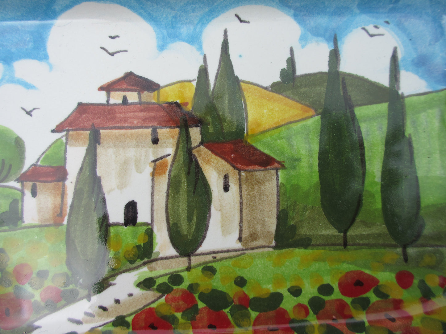 Tuscan octagonal dish handmade, hand-painted with poppies and fleur-de-lis design