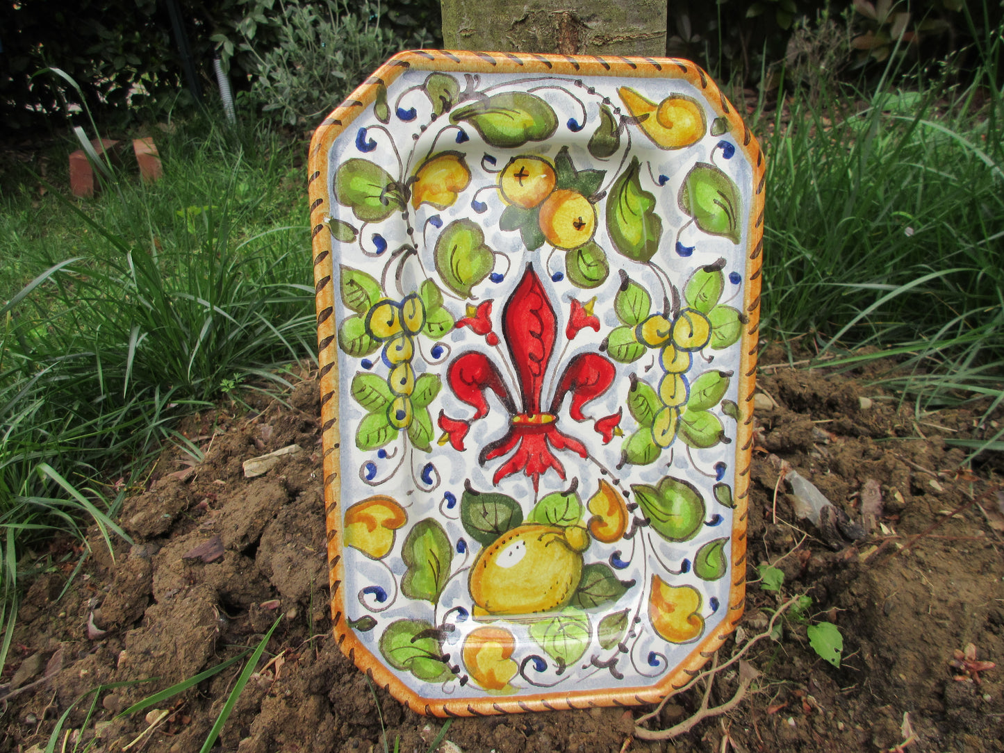 Tuscan octagonal dish handmade, hand-painted with poppies and fleur-de-lis design