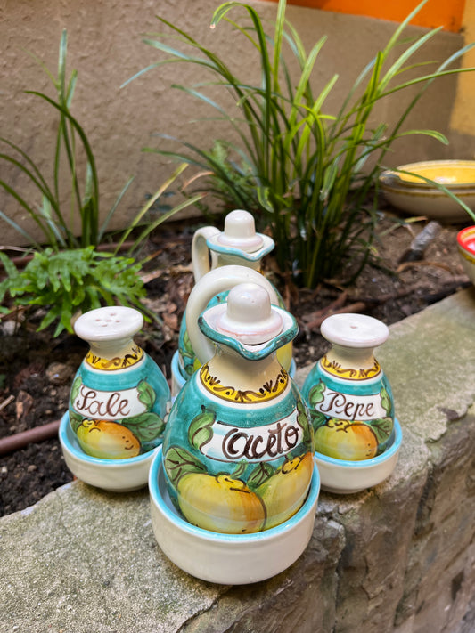 Ceramic oil, vinegar, salt and pepper set