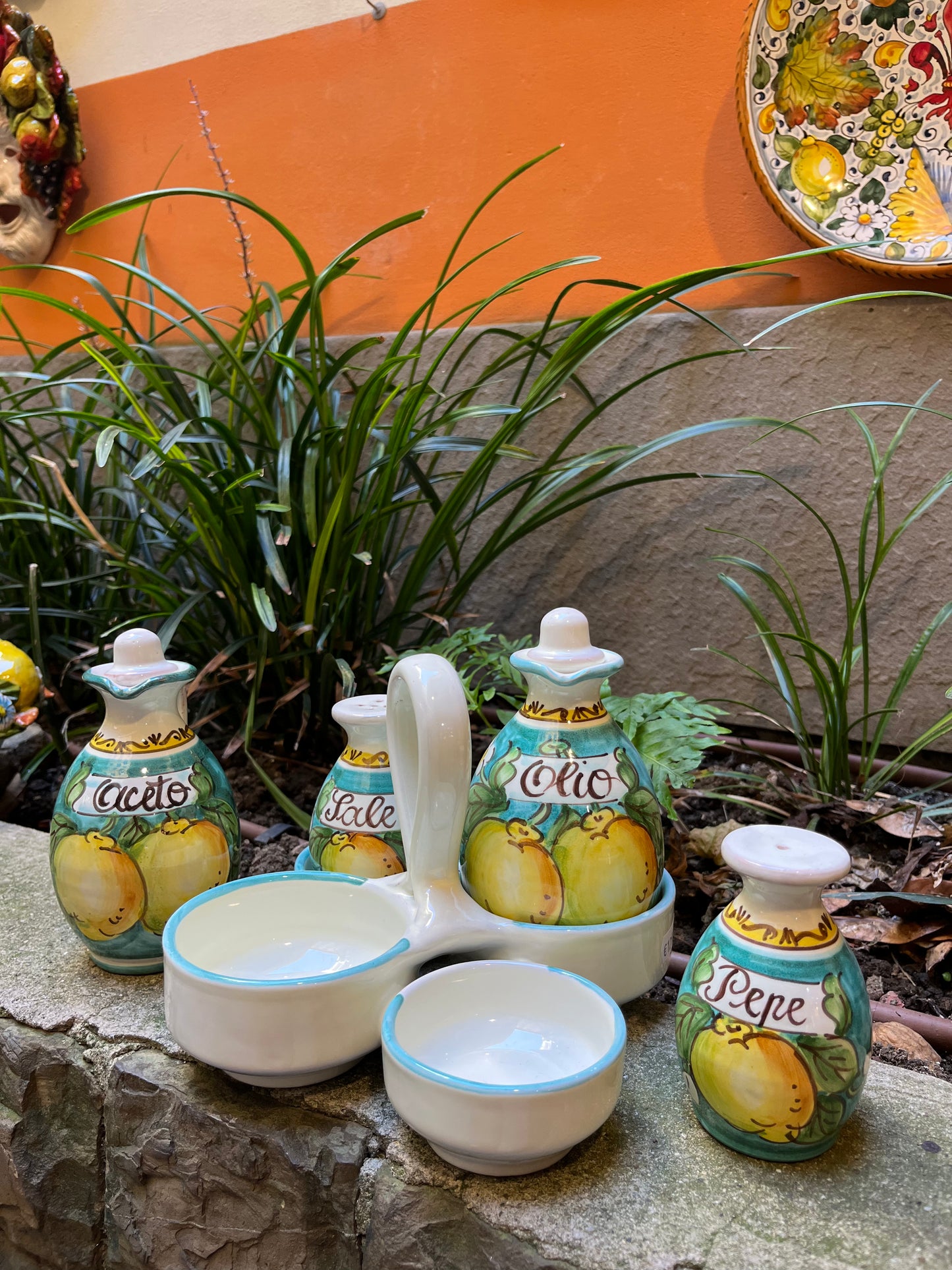 Ceramic oil, vinegar, salt and pepper set
