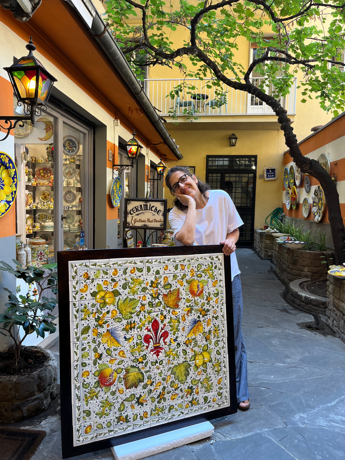 Ceramic tile mosaic with Florentine lily