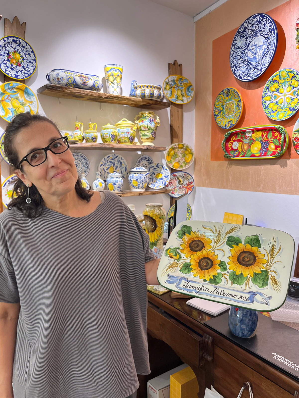 Ceramic sunflower tray handmade in Florence