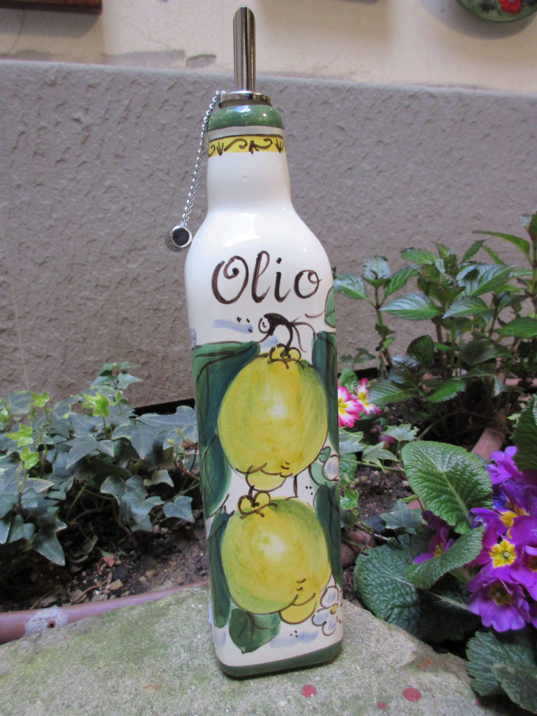 Tuscan olive oil dispenser with cheapest handle handmade, hand-painted with anemone floer design