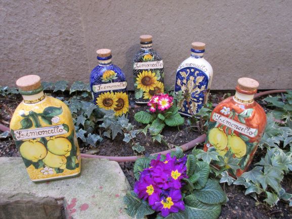 Large container/bottle handmade, hand-painted with florence view,sunflowers, lemons, store Tuscan leaves