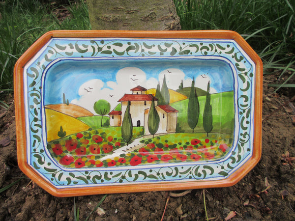 Tuscan octagonal dish handmade, hand-painted with poppies and fleur-de-lis design