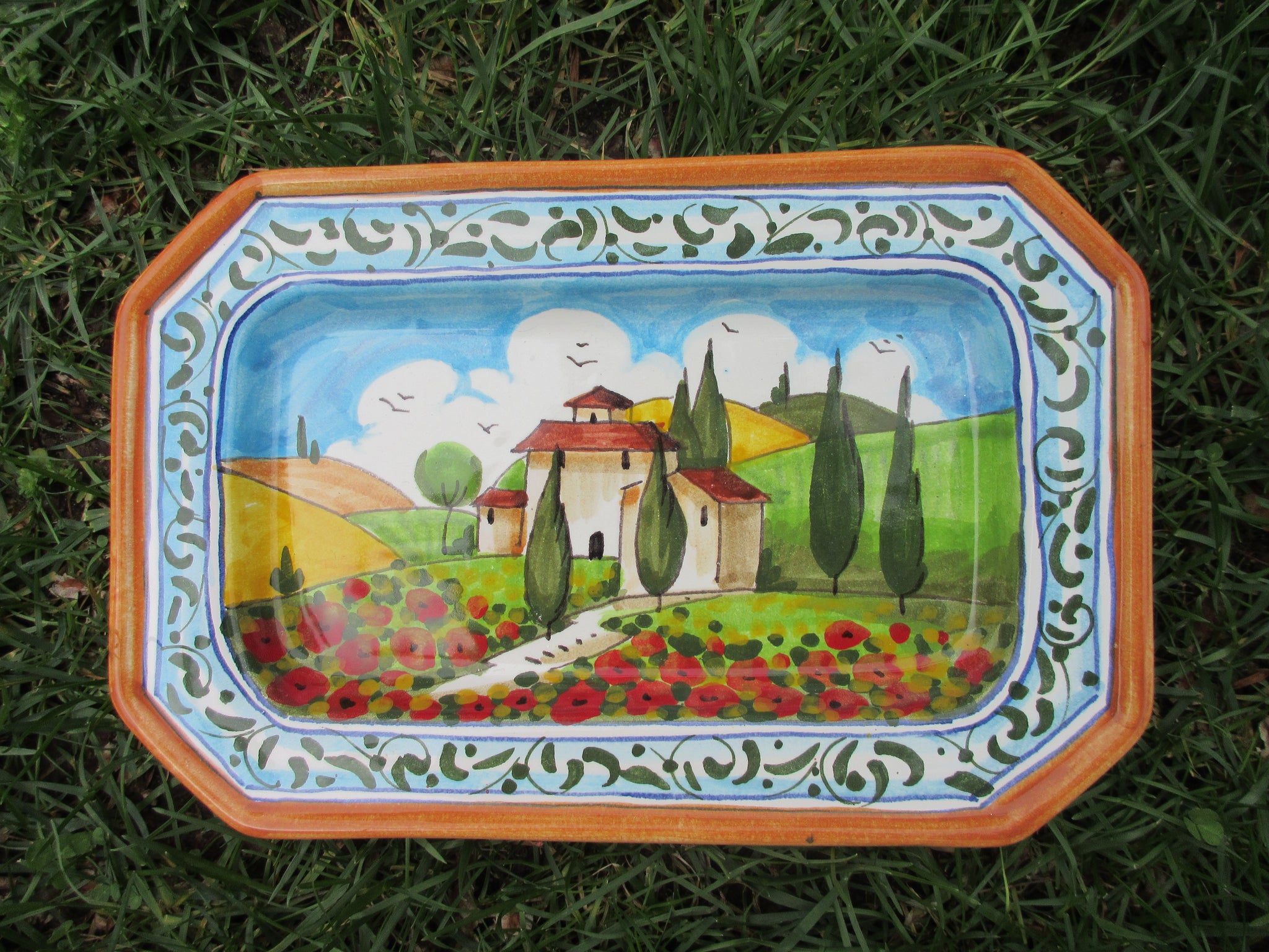 Tuscan octagonal dish handmade, hand-painted with poppies and fleur-de-lis design